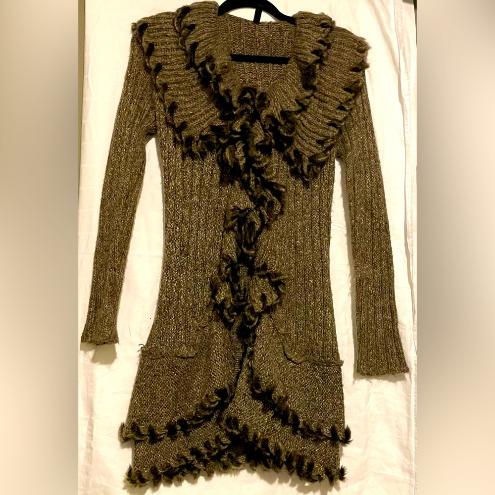 Brown with fur trim button up sweater jacket